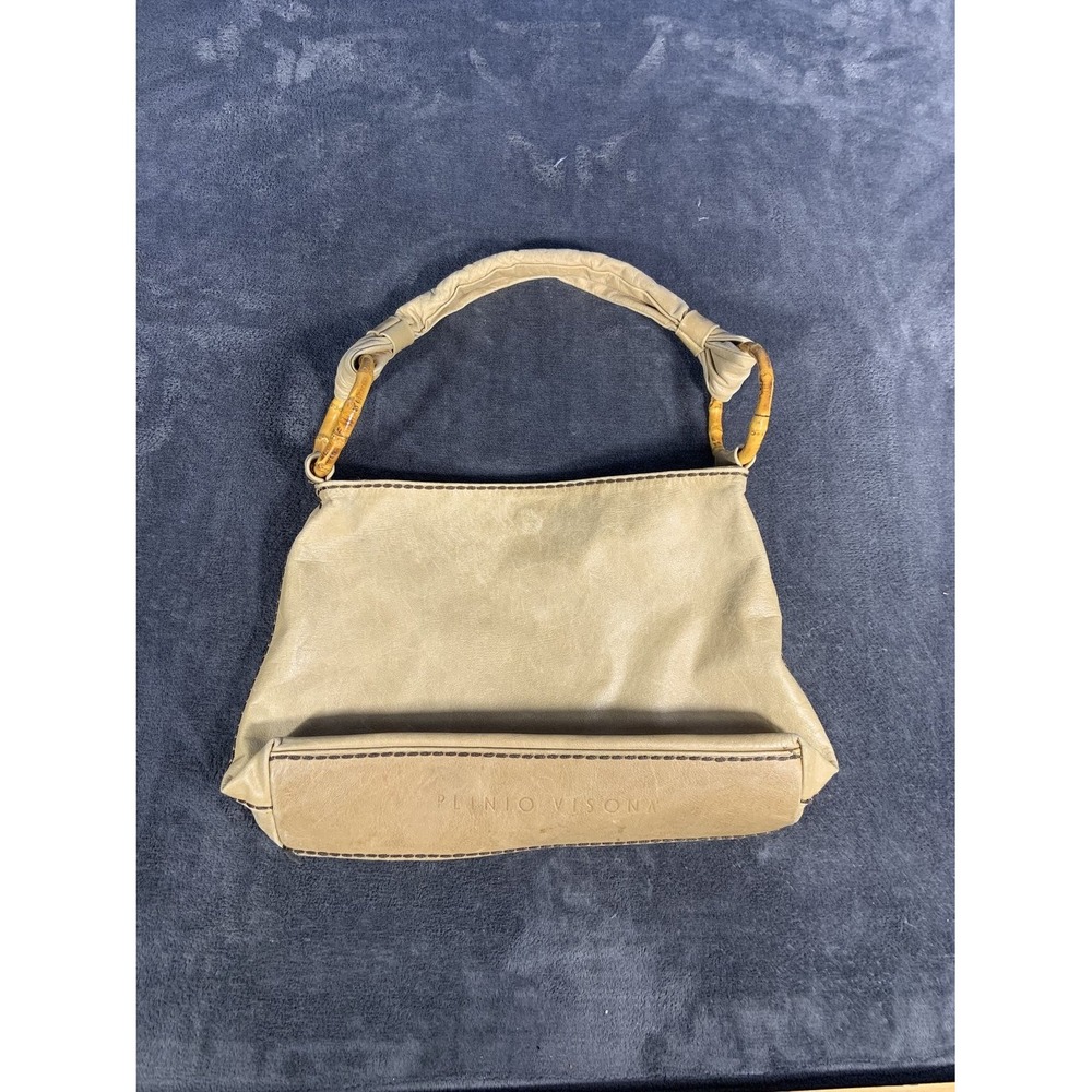 Plinio Visona Italy Tan Leather Bamboo Handle Hobo Shoulder Bag Leopard Lining